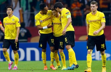 Reus of Borussia Dortmund celebrates his goal against Galatasaray with team mates during their Champions League Group D soccer match in Istanbul